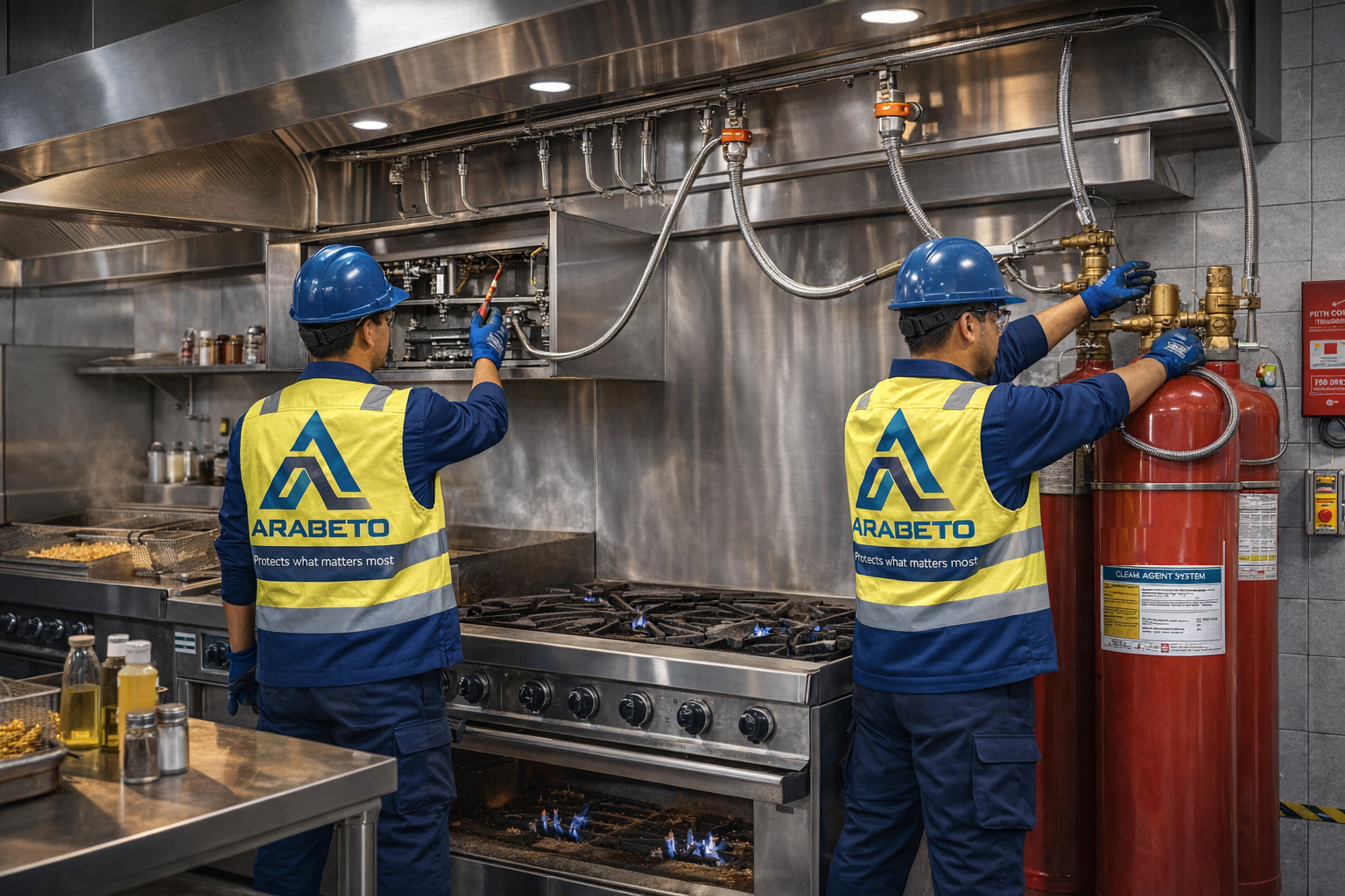 Fire suppression system service in kitchen